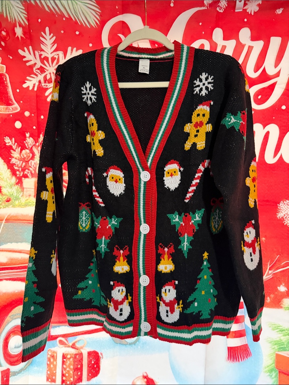 Holiday Knit Cardigan Sweater - Black Christmas Print